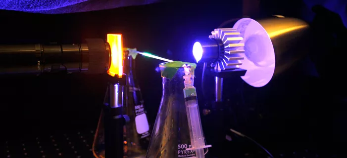 Fluids in beaker under ultraviolet light.