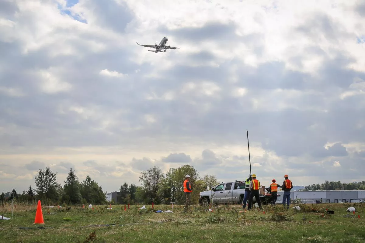 Preparing the test site at Portland International Airport. Information from the experiments helped airport engineers determine how to fine tune preparations to save one of the runways after a Cascadia subduction zone earthquake.