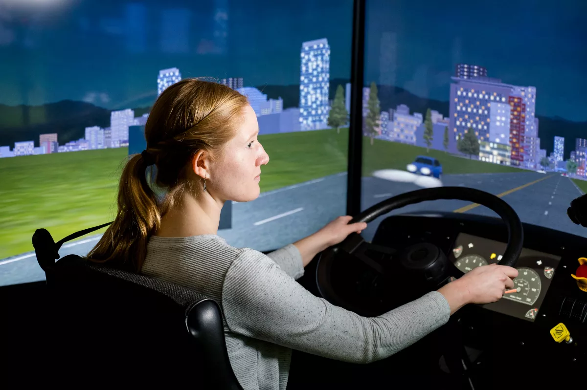 Student in the Heavy Vehicle Driving Simulator.