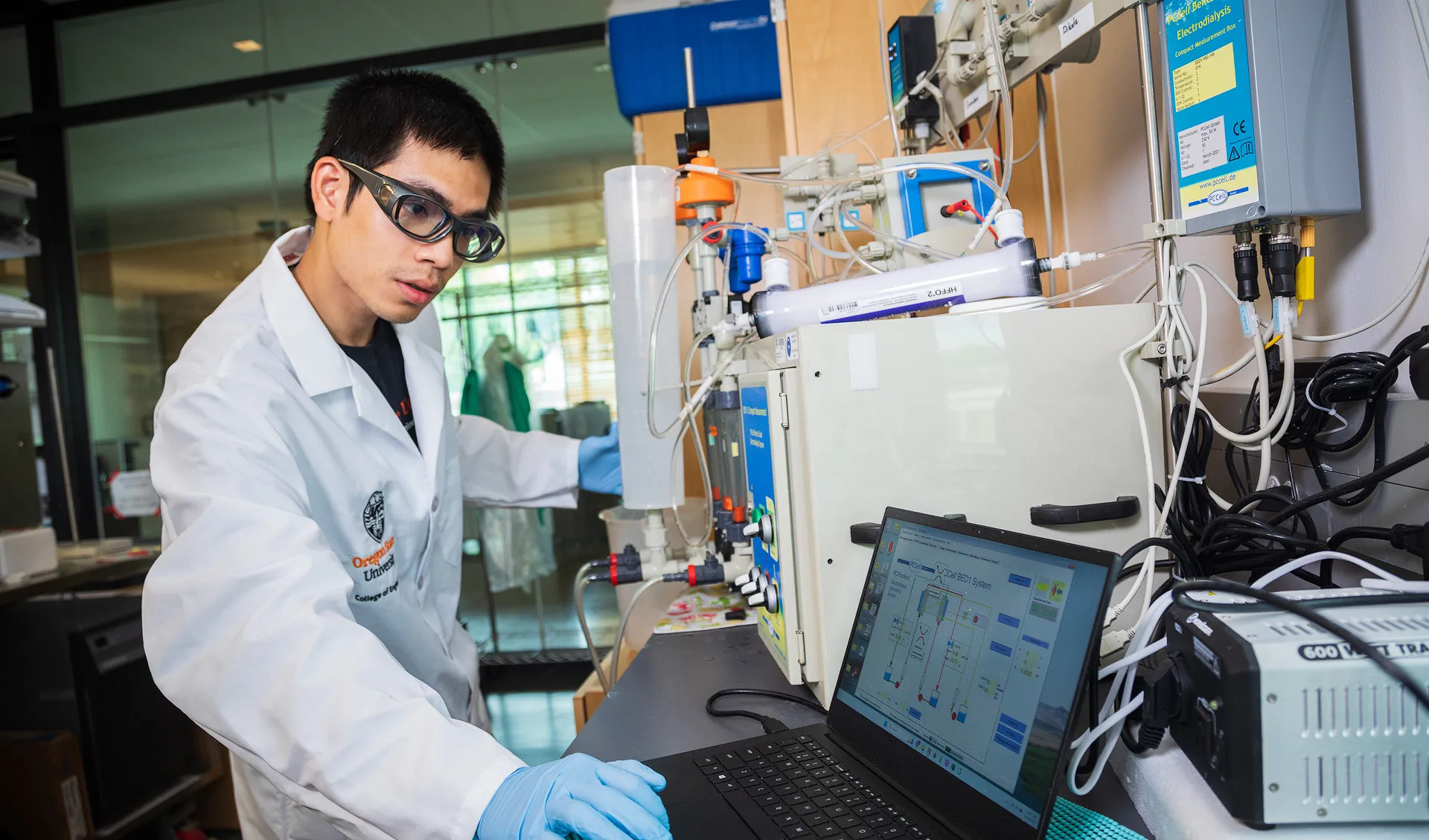 Student looking at a laptop in laboratory