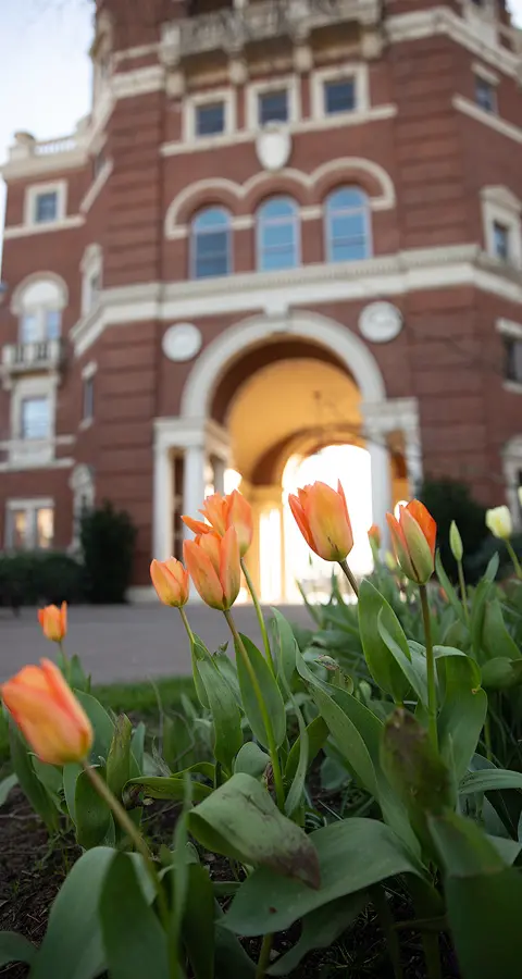 Flowers in front of Weatherford Hall.