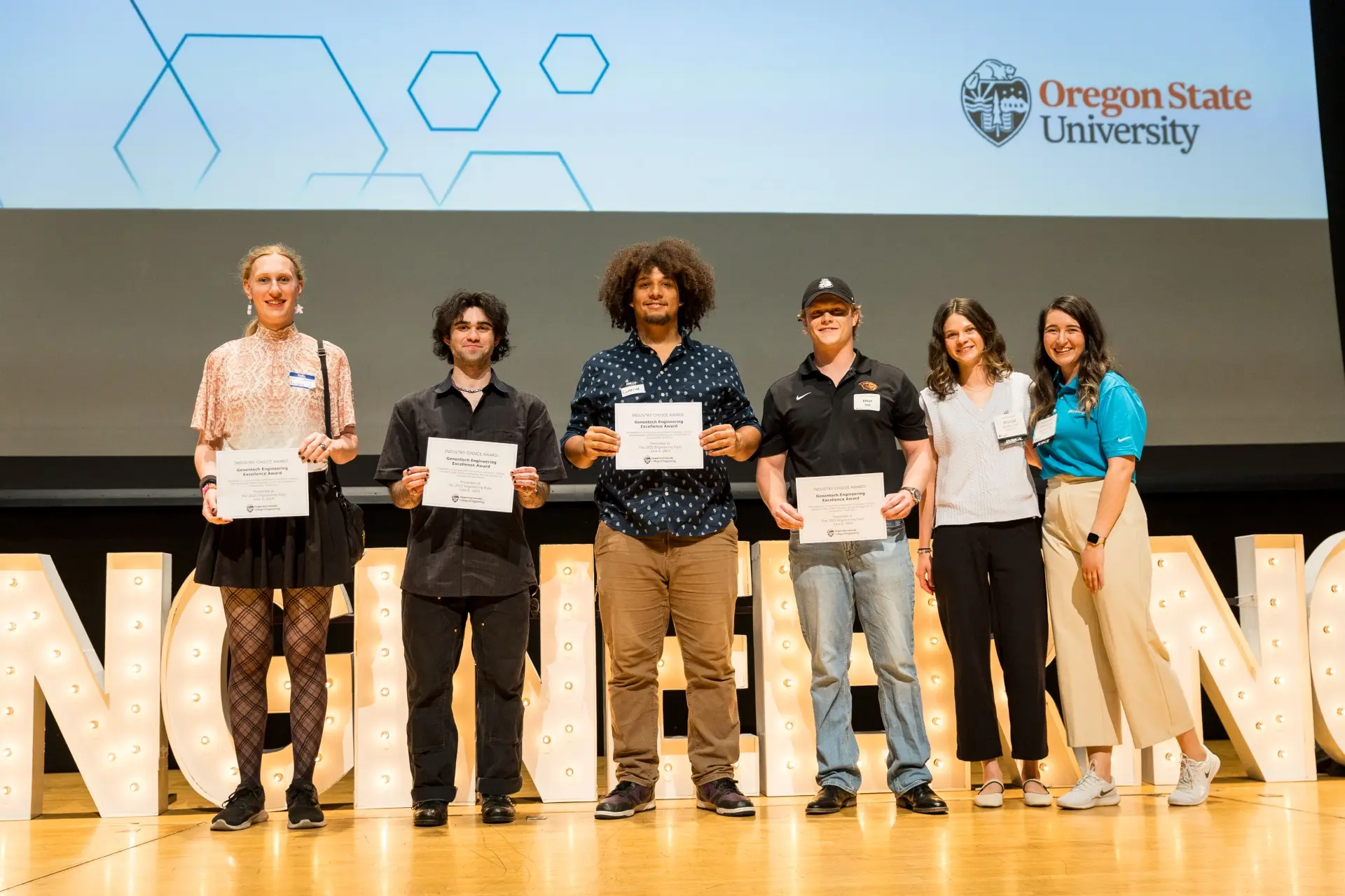 Students accept the 2025 Genentech Engineering Excellence award
