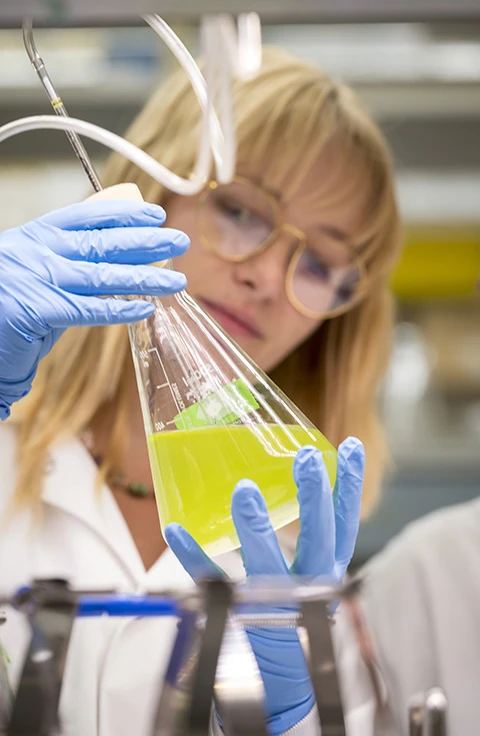 Someone looking at a flask with neon yellow liquid.