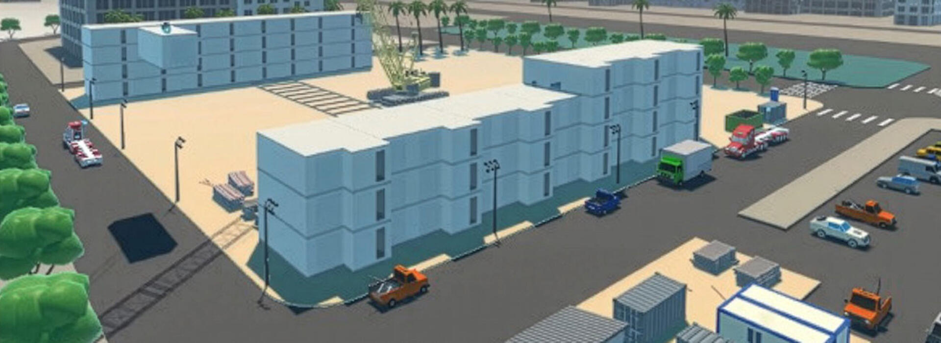  A digital rendering of an urban environment with modern buildings and wide streets with parked cars and trucks and a construction crane in the background.