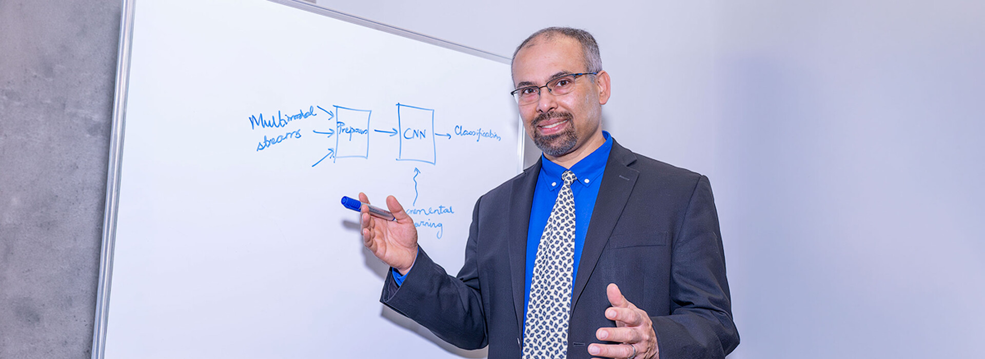 Saurabh Bagchi wears a blue suit and stands in front of a whiteboard with a hand-drawn illustration of workflow on the board behind him.