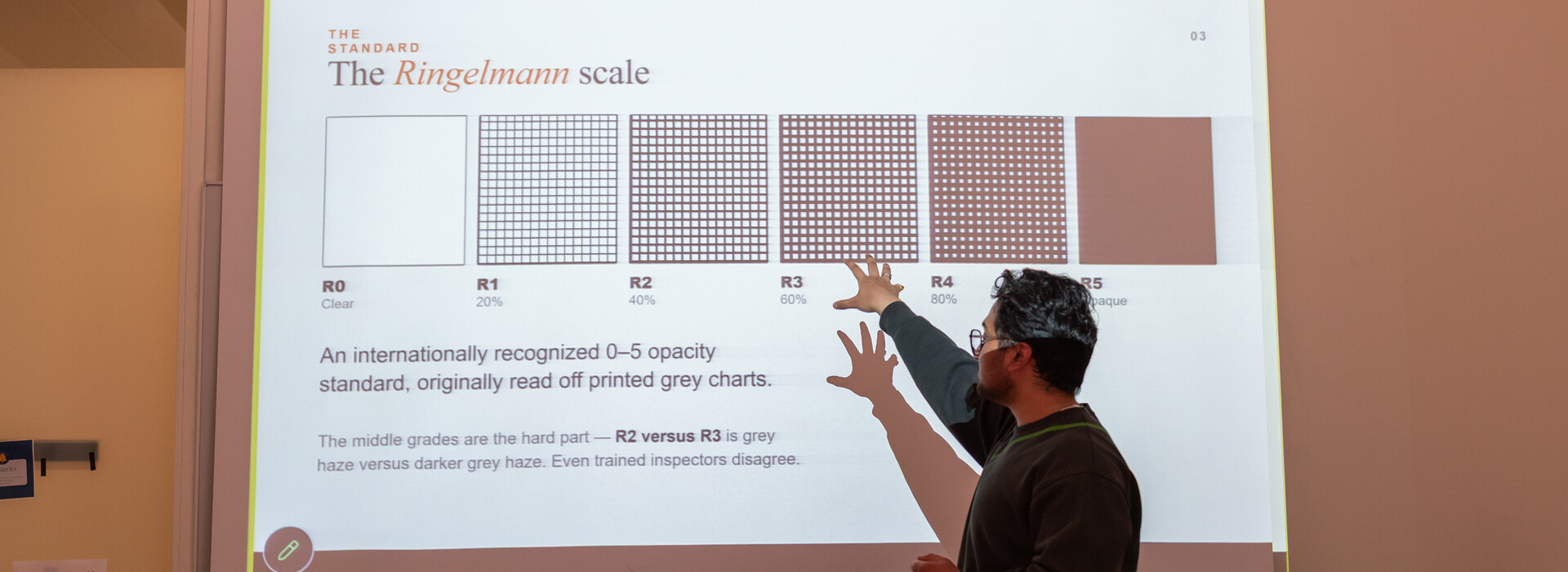 A person points to a projected image of the Ringelmann scale, showing a progression of shaded grids, from clear to opaque.