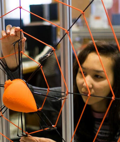 Researcher examining a web-like structure with orange and black cords and a central heart-shaped object.