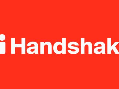 A logo with two people holding hands and the word Handshake.