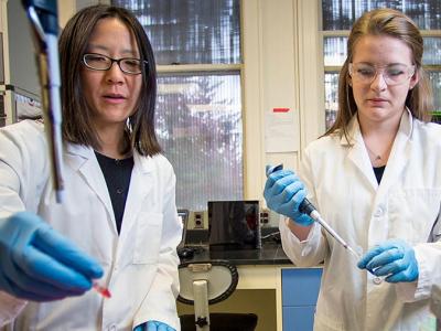Student guided by professor using droplet kit.