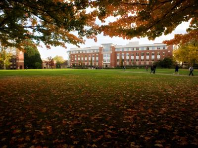 Campus library exterior in fall. 