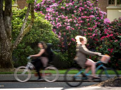 Two people bicycle in opposite directions on Campus Way,