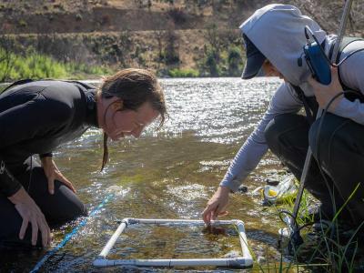 Two people working on research on the river.